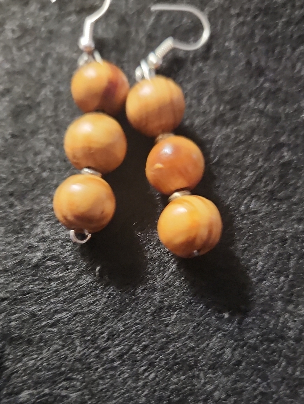 Hand Crafted Triple Wooden Bead Drop Earrings in Warm Brown